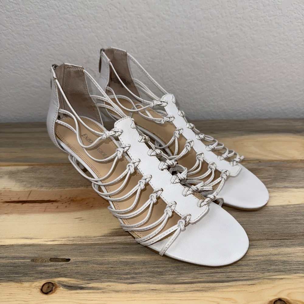 Enzo Angiolini White Leather Strappy Sandals Kitten Heel Zip Gladiator Size 7